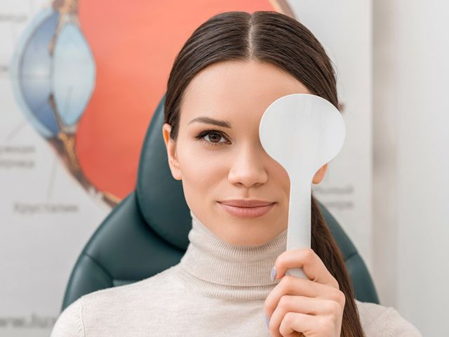 woman at the eye doctor for checkup