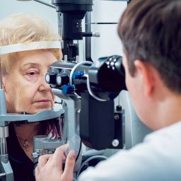 Senior woman checking her vision with ophthalmologist