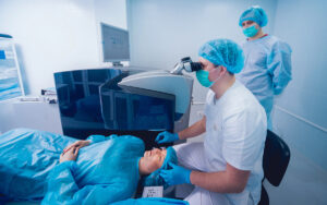 Patient and team of surgeons in operating room