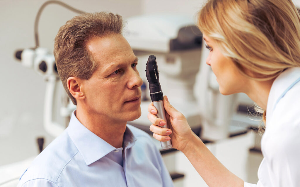 patient at his eye doctor appointment