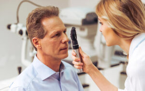 patient at his eye doctor appointment