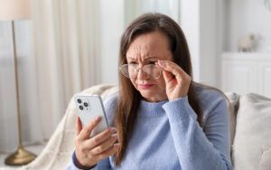 Woman with vision problem using smartphone at home