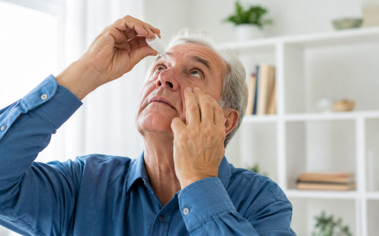 man doing eye drops at home