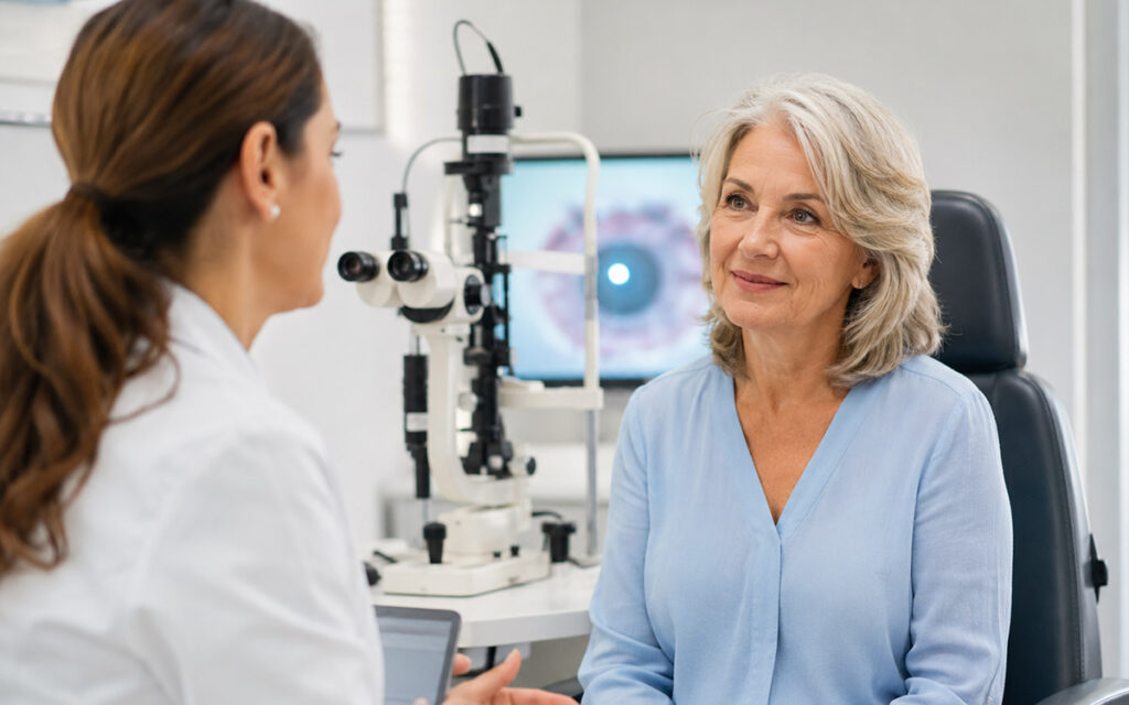 woman talking to her eye doctor about RLE