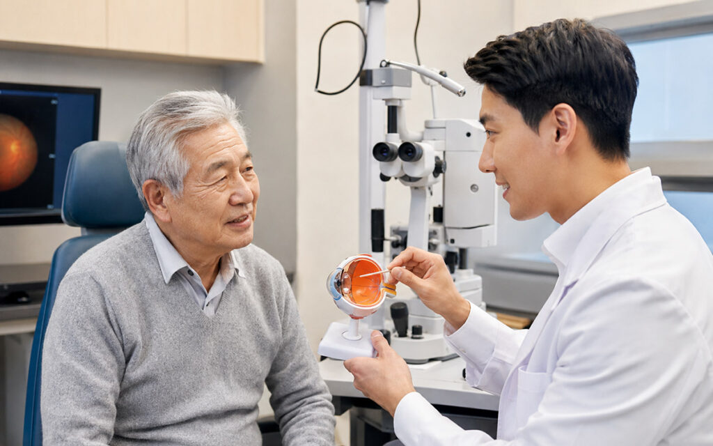 senior patient learning about cataracts surgery