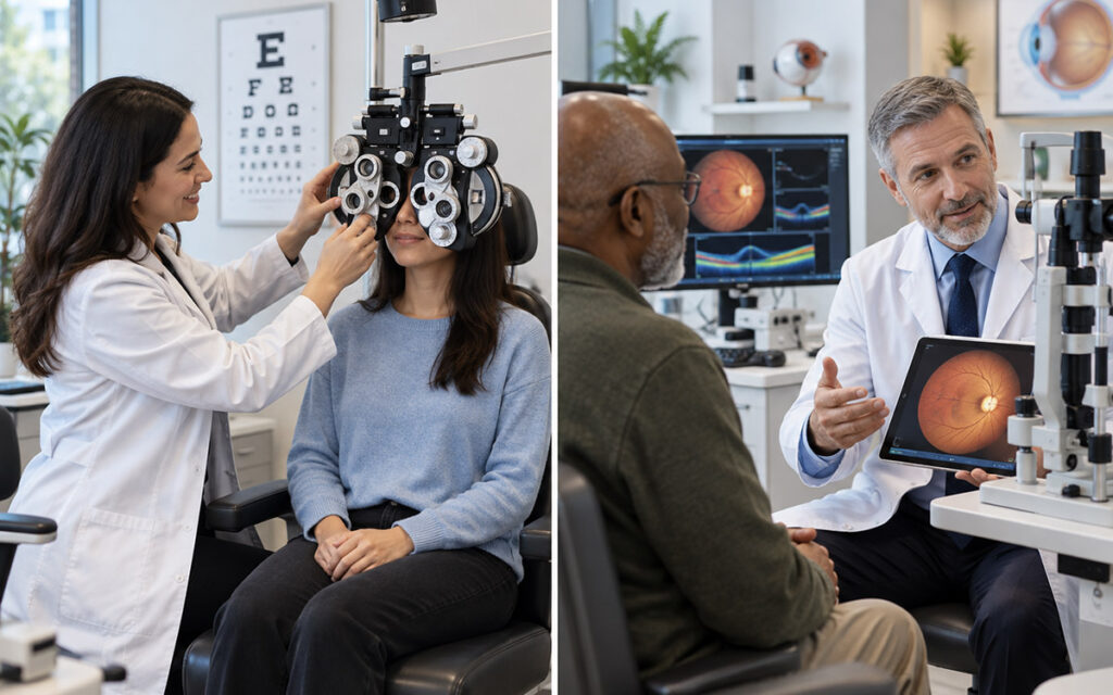 Optometrist performing a vision exam while an ophthalmologist discusses retinal imaging with a patient