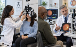 Optometrist performing a vision exam while an ophthalmologist discusses retinal imaging with a patient