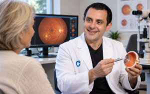 doctor explaining diabetic retinopathy to an older patient using an eye model and retinal images