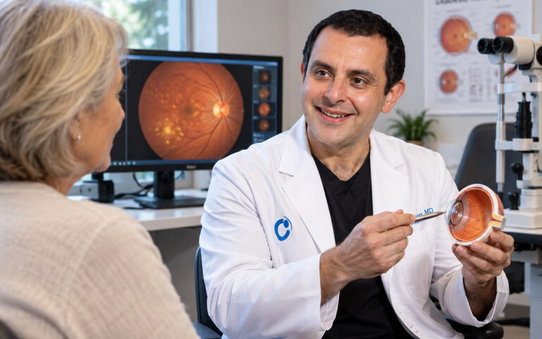 doctor explaining diabetic retinopathy to an older patient using an eye model and retinal images