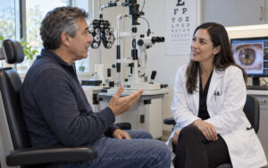 patient asking questions during an eye exam consultation with an ophthalmologist in a modern eye clinic