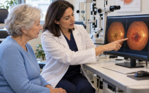 Eye doctor explaining dry and wet macular degeneration using retinal images