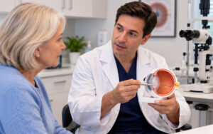 Ophthalmologist explaining secondary cataracts to a patient using an eye model