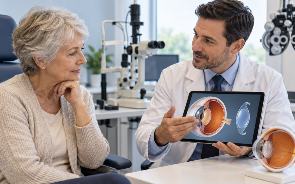 Ophthalmologist explaining toric lens implants for cataract surgery to an older patient