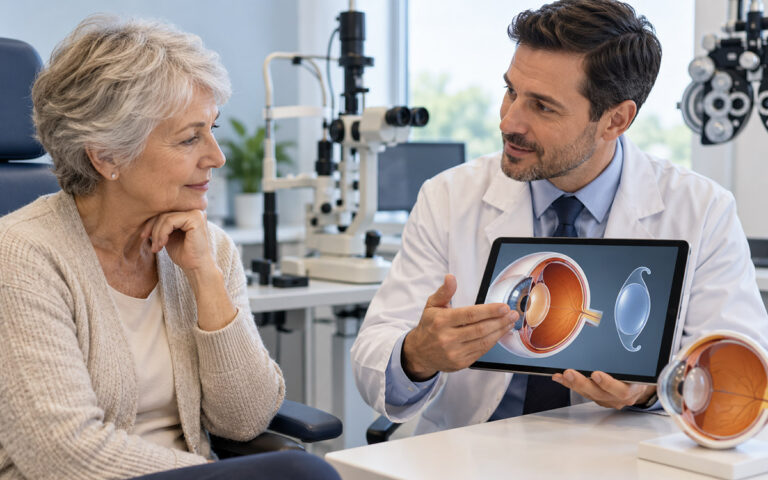 Ophthalmologist explaining toric lens implants for cataract surgery to an older patient