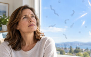 Woman noticing eye floaters and flashes while looking toward a bright sky